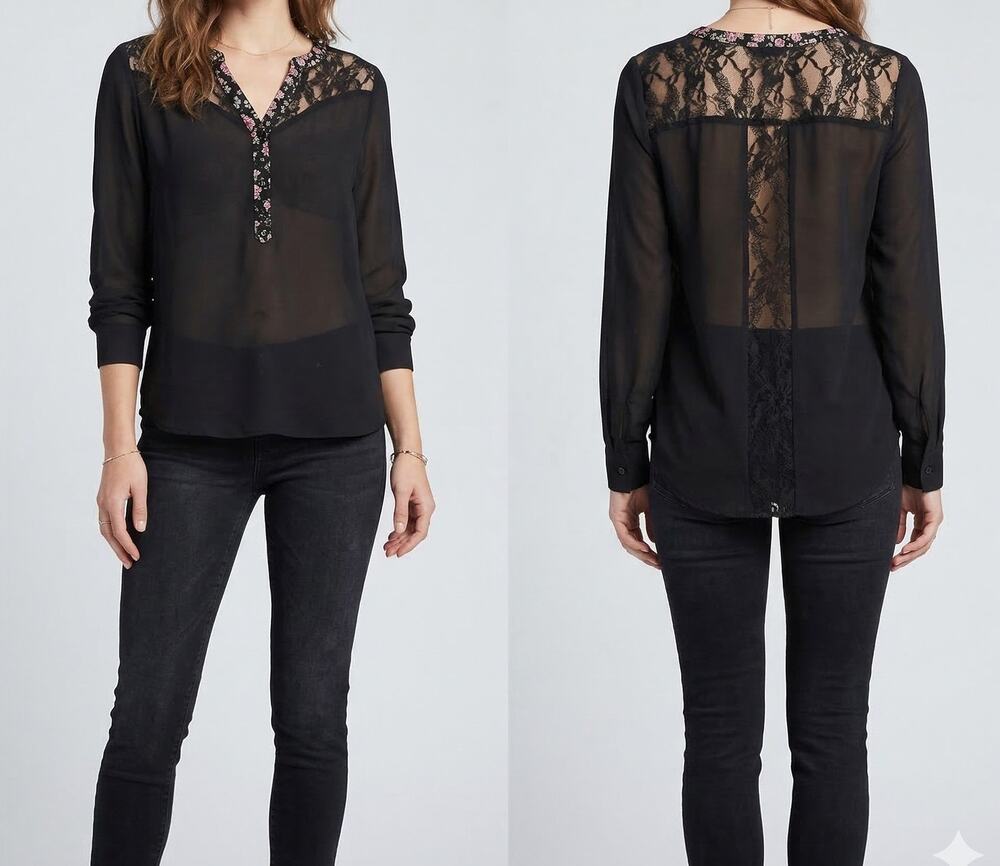 Miss Me Small Black Lace Sheer Top with Roll Tab Sleeves